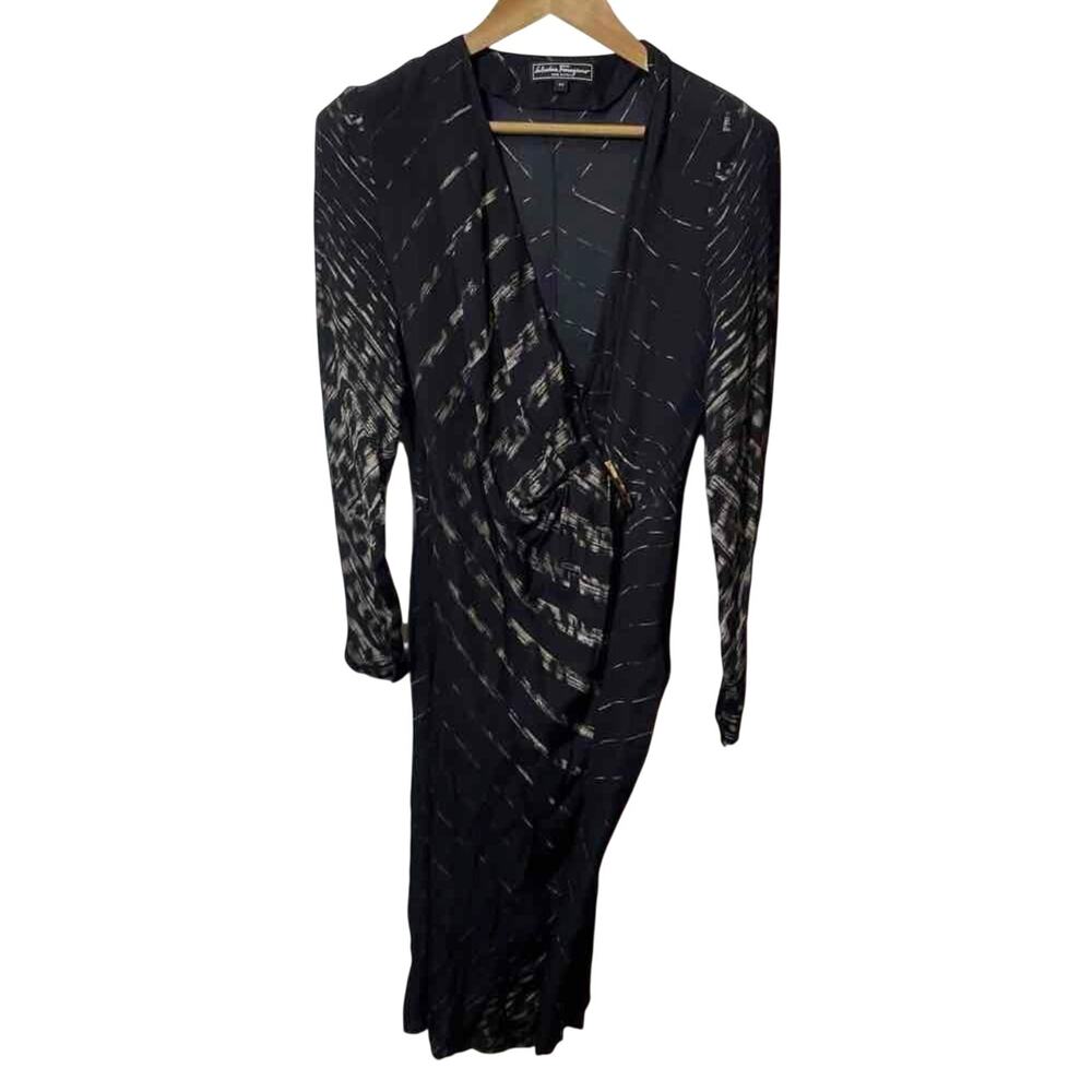 Salvatore Ferragamo Black Silk Openwork Wrap Midi Dress EU 40 Authenticated